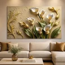 Quadro Decorativo Flores Copo de Leite Branco Dourado Luxo 3D Arte Moderna Sala Quarto Escritório