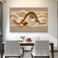 Quadro Decorativo Abstrato efeito 3D efeito LED Ondas Douradas – Decoração Sala Quarto (Não tem LED)