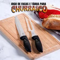 Jogo De Facas 3 Peças Garfo Faca e Tábua Kit Gourmet Para Churrasco Aço Inox, Madeira
