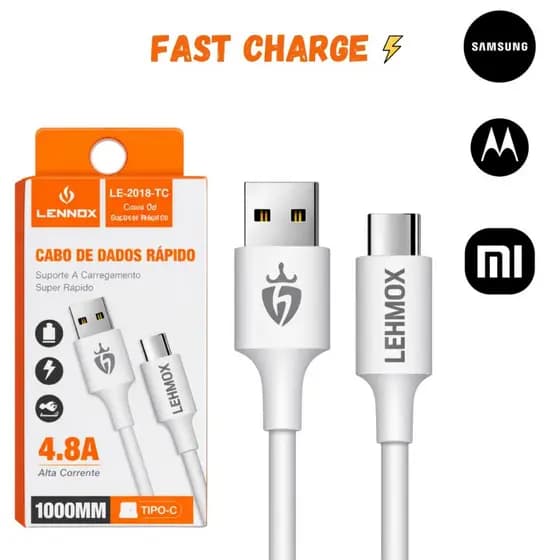 Cabo Usb de Dados e Carregador Rápido 4.8A Tipo C Turbo Lehmox Original Cabo Grosso Reforçado Celular Samsung Xiaomi Mot