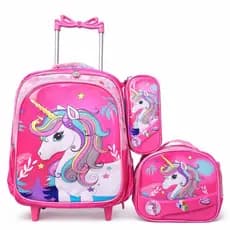Kit Mochila Infantil Unicórnio com Rodinhas + Lancheira + Estojo Rosa Escolar Completo