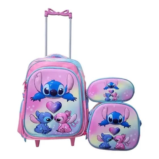 Kit Mochila Escolar Stitck-Rosa 3D. com Rodinhas - Ajustável e com Bolso Interno