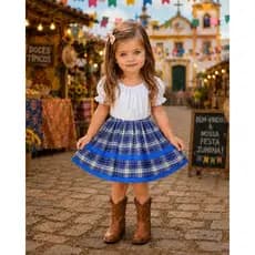 Saia Junina Infantil Xadrez com Laço e Renda | Festa Junina Caipira para Meninas | Diversas Cores e Modelos