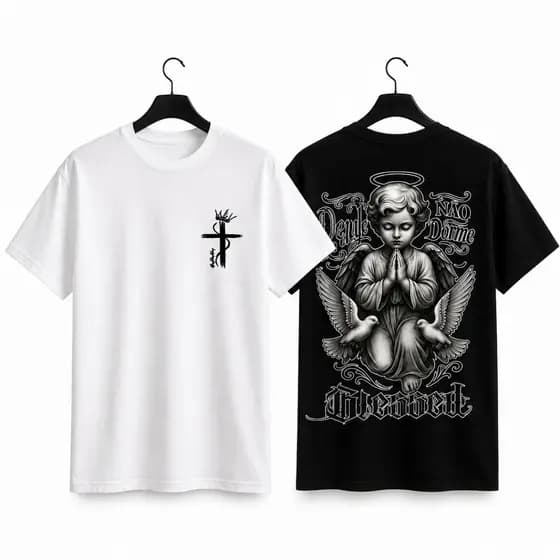 Camiseta "ANJO BLESSED"  Algodão, Estampa Elegante e Visual Imponente