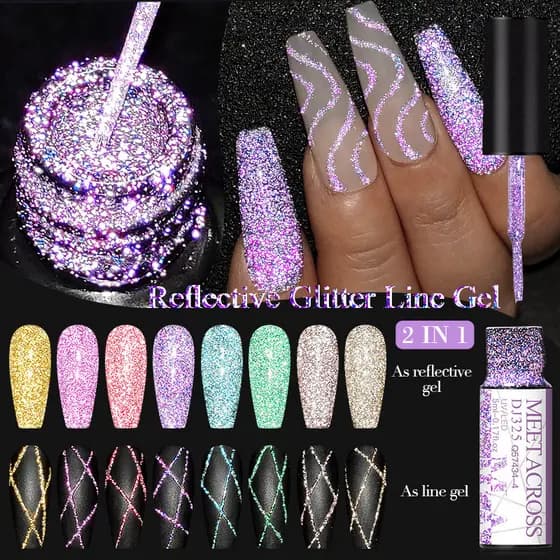 MEET ACROSS Gold Diamente Esmalte em Gel Reflexivo Glitter Liner Superflash Spark Linha De Puxar Estilo Francês Pintura