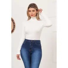 Blusa Malha Canelada Manga Longa Gola Alta - Cores Variadas