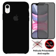 Para iPhone XR Kit Capa Silicone Aveludada + Película Privacidade 3D 5D