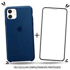 Para iPhone 11 Kit 2em1 Case Silicone Aveludado + Película Vidro 3D Full Cover