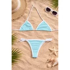 Biquíni Fita Ajustável Fio Dental Biquíni Azul Praia Verão Marquinha de Fita Biquíni Tecido Duplo Cortininha Moda Fitau