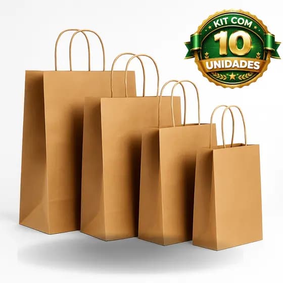 Kit 10 Sacola Papel Kraft PP P M G Monolúcido Embalagem Presente Bolsa Ecológica Alça Torcida