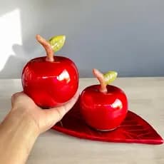 Kit Dupla de Maçãs Vermelhas em Cerâmica Decorativos Enfeites de Sala Decoração Casa