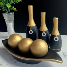 Kit Decorativo 7 Peças Completo Cerâmica Centro de Mesa e Trio Vasos Enfeite de Mesa Decoração Casa
