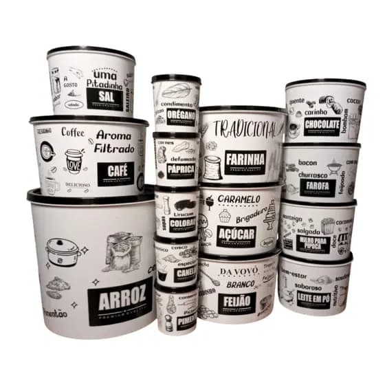 Kit Jogo Potes Porta Mantimentos 15 Peças de Cozinha Decorados Arroz 6 litros