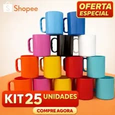 Kit 25 Caneca copo com alça plastico resistente colorido festa direto fabrica escola suco agua leite