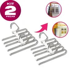 Ambito Dlux KIT 2 Cabides de Calças Multifuncional 5 Divisórias Branco Inox Retrátil 5 em 1 Cabide para Calças