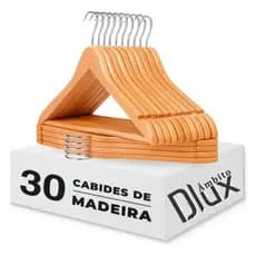 Ambito Dlux Kit 30 Cabide Madeira Marfim Verniz Gancho Metal Reforçado Adulto Cabides Para Roupas Calça