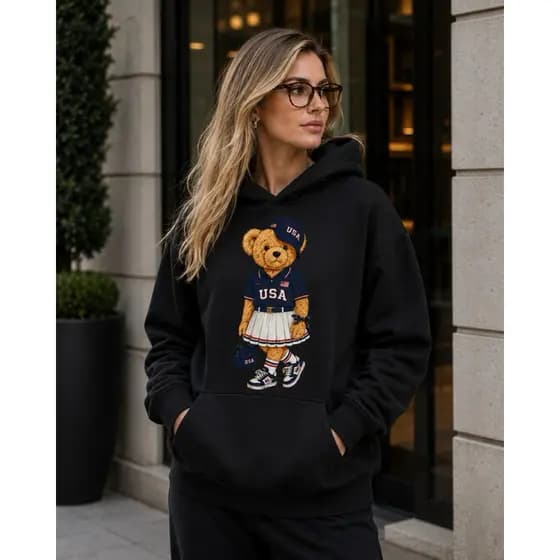 Moletom Feminino com Capuz Flanelado Blusa de Frio Ursinha Estampada Inverno