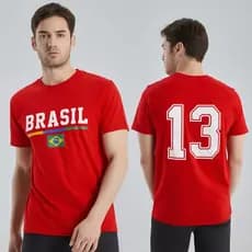 Camiseta Brasil Número 13 Vermelha Manga Curta Unissex Casual Estilo Tecido Macio Respirável Número Grande Nas Costas