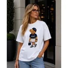 Camiseta Feminina Ursinha USA Estampada Algodão Premium Casual Moda Americana , Estados Unidos🇺🇸