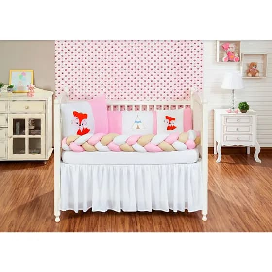 Kit Jogo Protetor Berço Raposa Bebe Menina Menino 6 Peças Diversas Cores Disponíveis Rosa e Azul