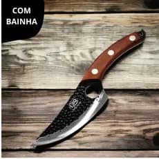 Faca Artesanal Rústica Cabo Madeira Bainha Lâmina Aço Inox Pesca Camping Cozinha Churrasco Colecionadores Damasco Presen