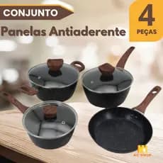 Conjunto Jogo de Panelas Antiaderente Stone Preto Com Tampa de Vidro Fogão Elétrico A Gás Indução Vitrocerâmico 4 Peças