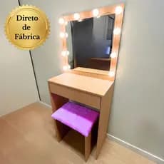 Penteadeira Com Luz Banco Peluciado Lilás Gaveta e Espelho 50x50 Em MDF