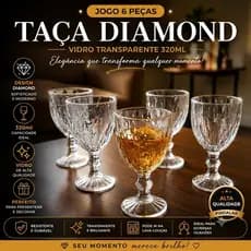 Jogo 6 Taças Diamante 320ml Vidro Top Diamond – Taça para Vinho, Água e Suco