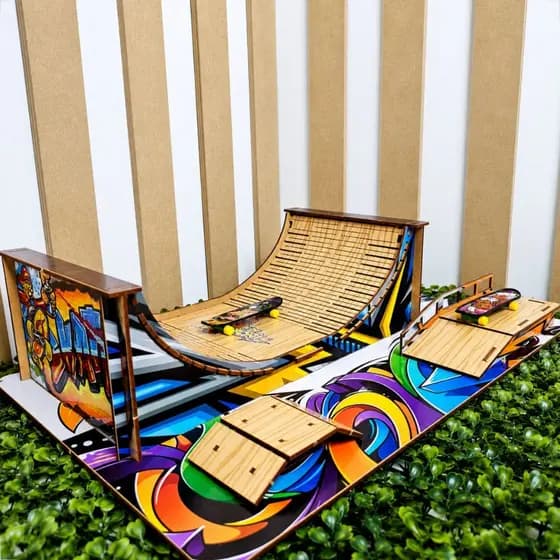 Pista Half Pipe para Skate de Dedo MDF Adesivado Rampas e Manobras Radicais