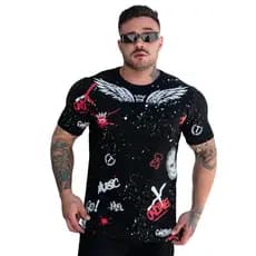 Camiseta Masculina Estampa Total Asas Moda Jovem Slim Longline Premium