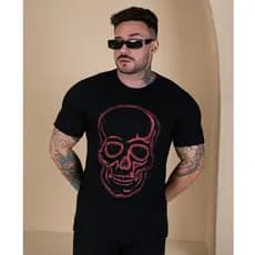 Camiseta Masculina Estampada Caveira Strass Estilosa Long Line Algodão Premium