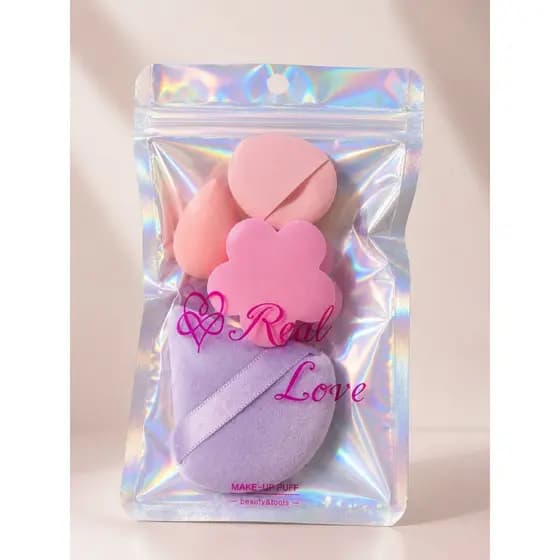 Kit 4 Esponjas para Maquiagem Puff Gota Flor Redonda Macia Rosa