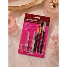 Kit Design de Sobrancelhas Real Love 5 Peças Pinça Tesoura Escova Navalha e Pincel Profissional