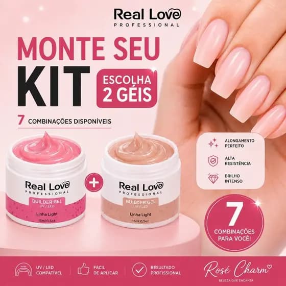 Kit 2 Gel Construtor UV LED Real Love Builder Gel Alongamento de Unhas Escolha sua Combinação 15ml