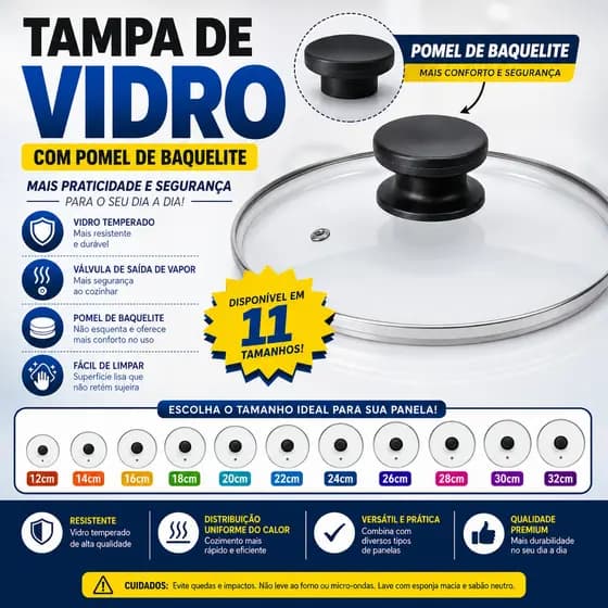 Tampa De Vidro Temperado Com Puxador Todos Tamanho N° 12,14,16,18,20,22,24,26,28,30,32 CM Universal Alça