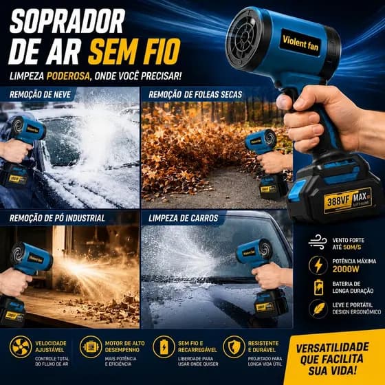 Ventilador Soprador Elétrico Turbo Portátil Recarregável Alta Potência Multiuso Limpeza de Folhas e Oficina
