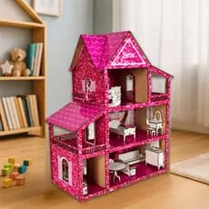 Kit Casa de Bonecas Rosa Glitter + 19 Moveis Mdf Casa Completa Para Brincar
