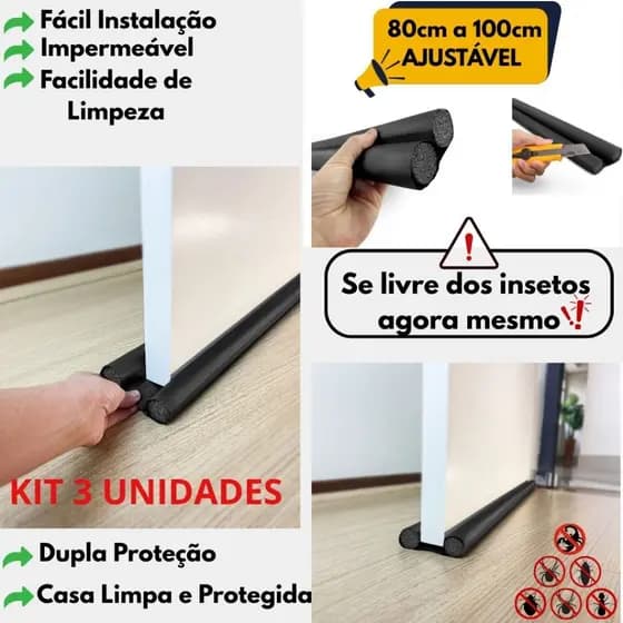 Protetor Rolinho Veda Porta Impermeável 80 cm sem Costura Preto kit
