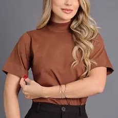 Blusas Gola Alta Manga Curta T-shirt Feminina Camiseta Básica Lisa 100% Algodão Premium