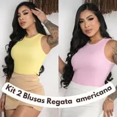 Kit 2 Blusas Feminina Regata Canelada Ribana Premium Social Americana Basica Promoção