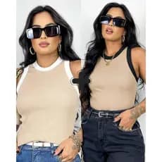 Kit 2 Blusas Feminina Bicolor Regata Canelada Ribana Premium Social Americana Basica Promoção