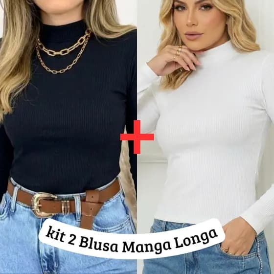 Kit 2 Blusas Manga Longa Feminina Gola Alta Cacharrel Ribana Canelada Blusa de Frio Feminina