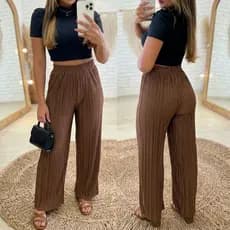 Calça Pantalona Feminina Com Bolso Cintura Alta Canelada Premium Feminino WidLeg  Casual Elastico