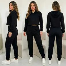 Conjunto Calça Casaco Moletom Feminino Flanelado Felpado Calça Moletom Casaco Moletom Inverno Frio