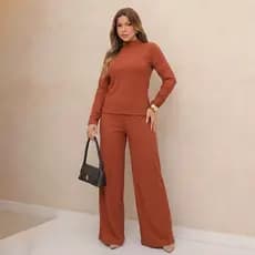 Conjunto Calça Blusa Manga Longa Aerolook Inverno Premium Feminino Canelado Ribana Wideleg Cacharrel