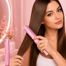 Mini Pente Alisador Elétrico Portátil Bivolt USB-C Sem Fio Rosa Roxo Anti Frizz