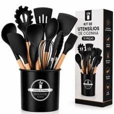 Kit Utensílios de Cozinha Silicone 12 Peças Cabo de Madeira com Suporte Preto