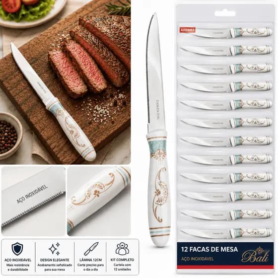 Kit 12 Facas de Mesa Aço Inox 12cm Altomex Bali Talheres para Churrasco