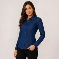 Camisa Jeans Feminina Manga Longa 100% Algodão Com Botões Tradicional Jaqueta Sem Lycra Elastano Blusa Social Premium
