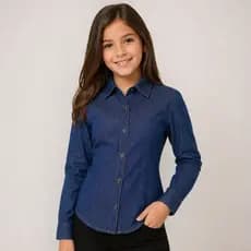 Camisa Jeans Feminina Infantil Manga Longa 100% Algodão Com Botões Tradicional Sem Lycra Elastano Blusa Social Premium